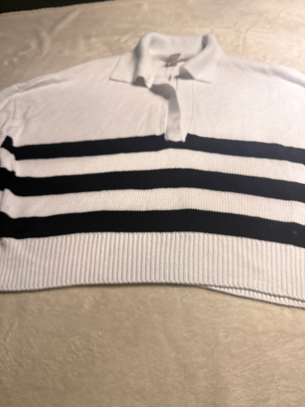 PINK Victoria's Secret White V-Neck Polo Sweater with Navy Stripes
